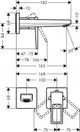 Wandmontierter Waschtischmischer von Hansgrohe mit Unterputzinstallation und Bügelgriff, abgebildet mit verschiedenen Maßeinheiten und technischen Details.